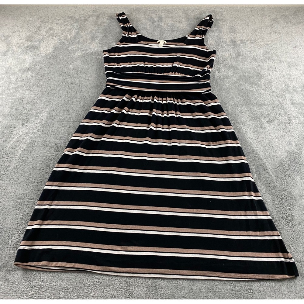 Soma Striped Empire Waist Midi Dress Womens Medium Black Tan Sleeveless Knit